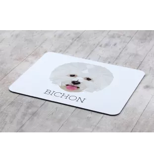 Bichon Frise, Bichon Tenerife, Bichon a poil frise - geometric mouse pad with a picture and text by Art-Dog