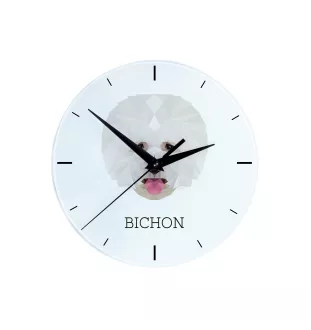 Bichon Frise, Gelockter Bichon, Tenneriffahündchen - geometrische Wanduhr mit Bild und Aufschrift der Marke Art-Dog