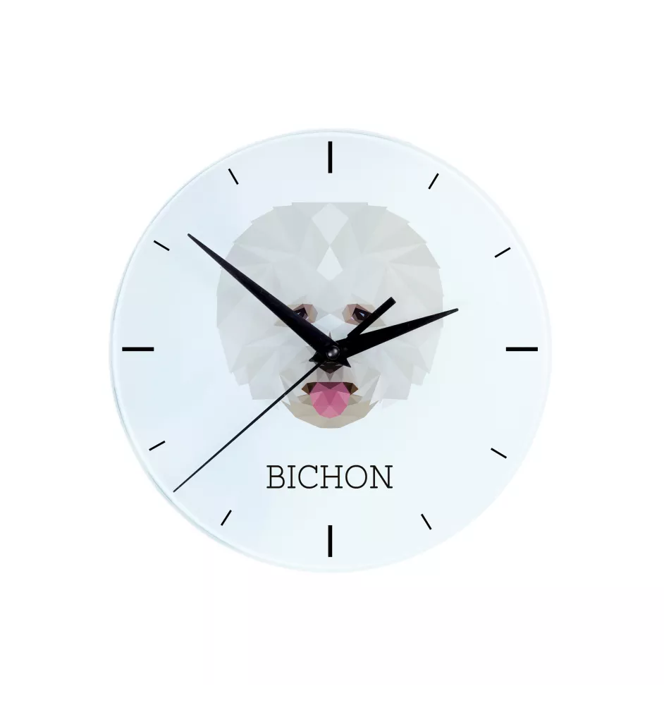 Bichon a poil frise, Bichon Frise, Bichon Tenerife - horloge murale géométrique avec photo et logo de la marque Art-Dog