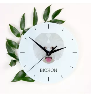 Bichon Frise, Gelockter Bichon, Tenneriffahündchen - geometrische Wanduhr mit Bild und Aufschrift der Marke Art-Dog