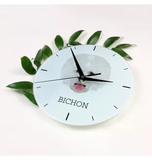 Bichon Frise, Gelockter Bichon, Tenneriffahündchen - geometrische Wanduhr mit Bild und Aufschrift der Marke Art-Dog