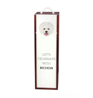 Bichon a poil frise, Bichon Frise, Bichon Tenerife - une boîte géométrique avec une photo et un texte pour le vin de la marque Art-Dog