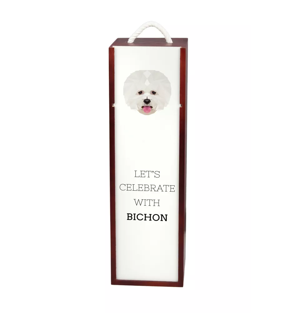 Bichon Frise, Gelockter Bichon, Tenneriffahündchen - geometrische Box mit einem Bild und Schriftzug für Wein der Marke Art-Dog