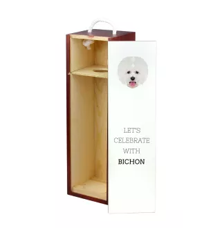 Bichon a poil frise, Bichon Frise, Bichon Tenerife - une boîte géométrique avec une photo et un texte pour le vin de la marque Art-Dog