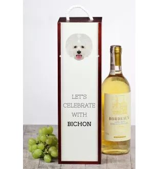 Bichon Frise, Gelockter Bichon, Tenneriffahündchen - geometrische Box mit einem Bild und Schriftzug für Wein der Marke Art-Dog