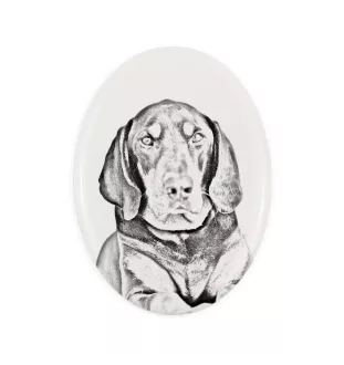 Black and Tan Coonhound I - commemorative plaque with a photo of a dog, tombstone with a print, personalized oval plaque from the Art-Dog brand