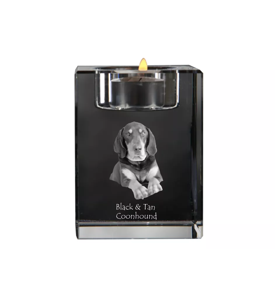 Schwarz-Lohfarbener Waschbärenhund, Black and Tan Coonhound I - Kerzenhalter mit Hundefoto, Teelichthalter aus Kristall, personalisiertes Geschenk der Marke Art-Dog