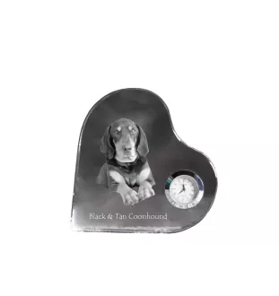 Schwarz-Lohfarbener Waschbärenhund, Black and Tan Coonhound I - Kristalluhr mit einem Hundebild, Herzregal-Uhr, personalisierte Standuhr der Marke Art-Dog