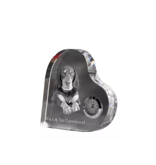 Black and Tan Coonhound I - crystal clock with a dog picture, heart-shaped shelf clock, personalized standing clock by Art-Dog brand