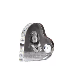 Black and Tan Coonhound I - crystal clock with a dog picture, heart-shaped shelf clock, personalized standing clock by Art-Dog brand