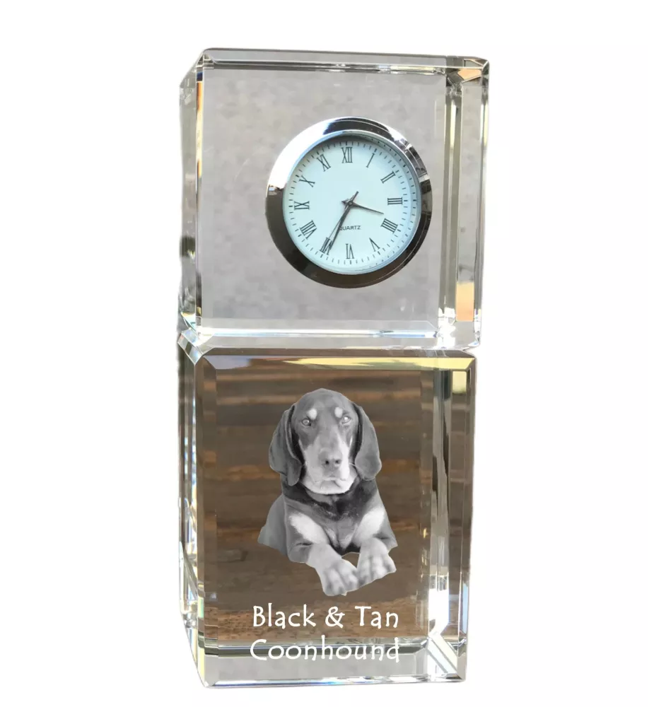 Black and Tan Coonhound I - crystal clock with a photo, a photo of a dog in crystal, personalized desk clock by Art-Dog brand