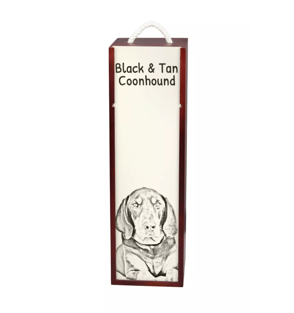 Chien noir et feu pour la chasse au raton laveur I - boîte à vin avec chien, boîte à alcool avec graphisme, boîte cadeau personnalisée de la marque Art-Dog