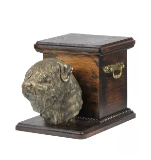 Russischer Schwarzer Terrier, Russkiy Tchiorny Terrier - Eine Urne für die Asche eines Hundes mit einer Statuette, eine elegante Urne für einen Hund, eine außergewöhnliche Urne mit dem Porträt eines H