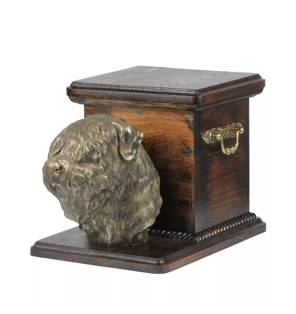 Russischer Schwarzer Terrier, Russkiy Tchiorny Terrier - Eine Urne für die Asche eines Hundes mit einer Statuette, eine elegante Urne für einen Hund, eine außergewöhnliche Urne mit dem Porträt eines H