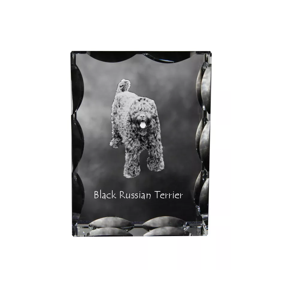 Russischer Schwarzer Terrier, Russkiy Tchiorny Terrier - Kristall mit einem Hundebild, Glasstatuette mit einem Bild, einzigartiger Bilderrahmen der Marke Art-Dog