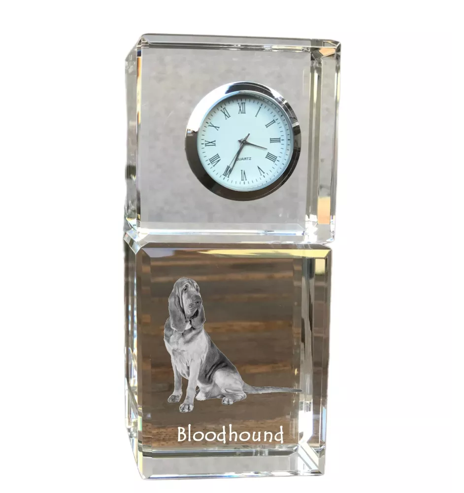 Chien de Saint Hubert, Bloodhound - montre en cristal avec photo, photo de chien dans un cristal, horloge de bureau personnalisée de la marque Art-Dog
