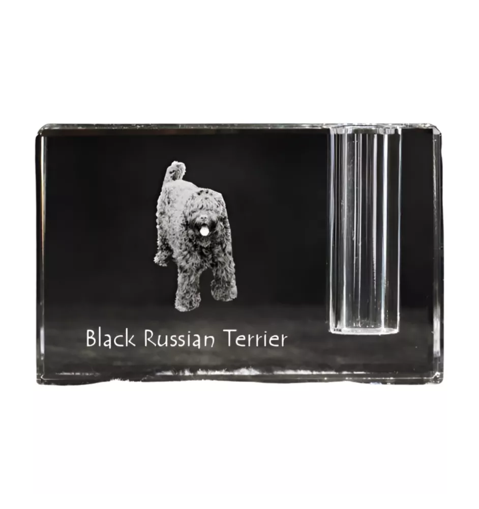 Russischer Schwarzer Terrier, Russkiy Tchiorny Terrier - Stifthalter, Kristallorganizer mit Hundefoto, einzigartige Schreibtischdekoration der Marke Art-Dog