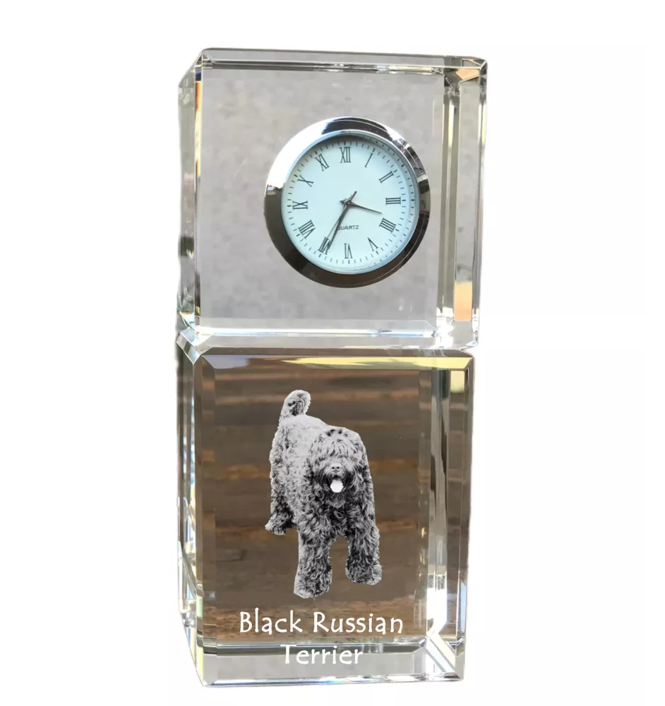 Terrier noir russe - montre en cristal avec photo, photo de chien dans un cristal, horloge de bureau personnalisée de la marque Art-Dog