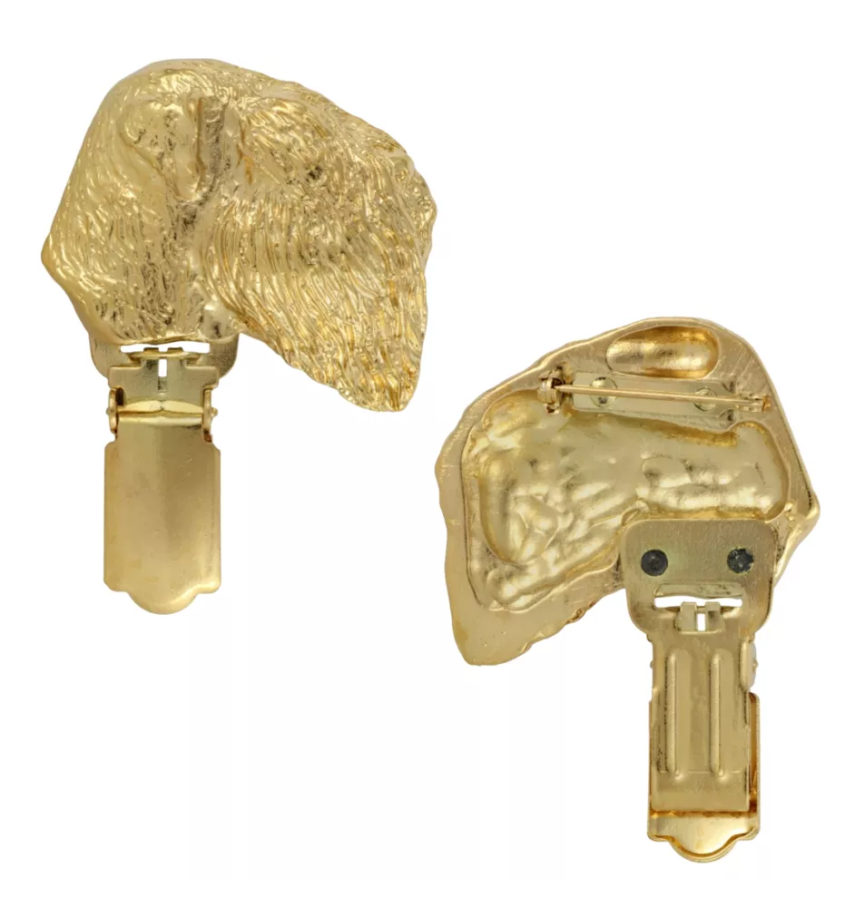 Black Russian Terrier, Chornyi Terrier - brooch with a clip, gold-plated holder for a race number, elegant dog show pin from Art-Dog brand