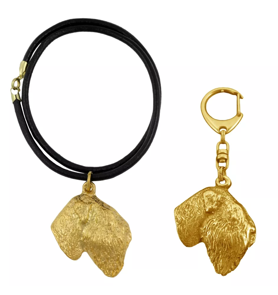 Terrier noir russe - porte-clés et collier avec chien dans une boîte, produit plaqué or de haute qualité, marque Art-Dog