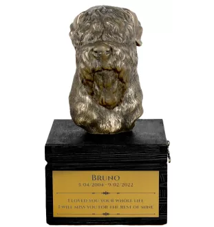 Russischer Schwarzer Terrier, Russkiy Tchiorny Terrier - eine Urne mit Gravur und Hundeskulptur, letzter Abschied, handgefertigtes Produkt der Marke Art-Dog