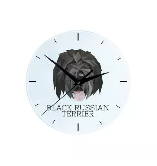 Russischer Schwarzer Terrier, Russkiy Tchiorny Terrier - geometrische Wanduhr mit Bild und Aufschrift der Marke Art-Dog