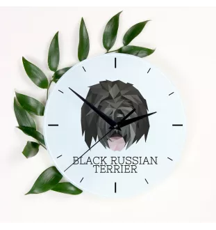 Russischer Schwarzer Terrier, Russkiy Tchiorny Terrier - geometrische Wanduhr mit Bild und Aufschrift der Marke Art-Dog