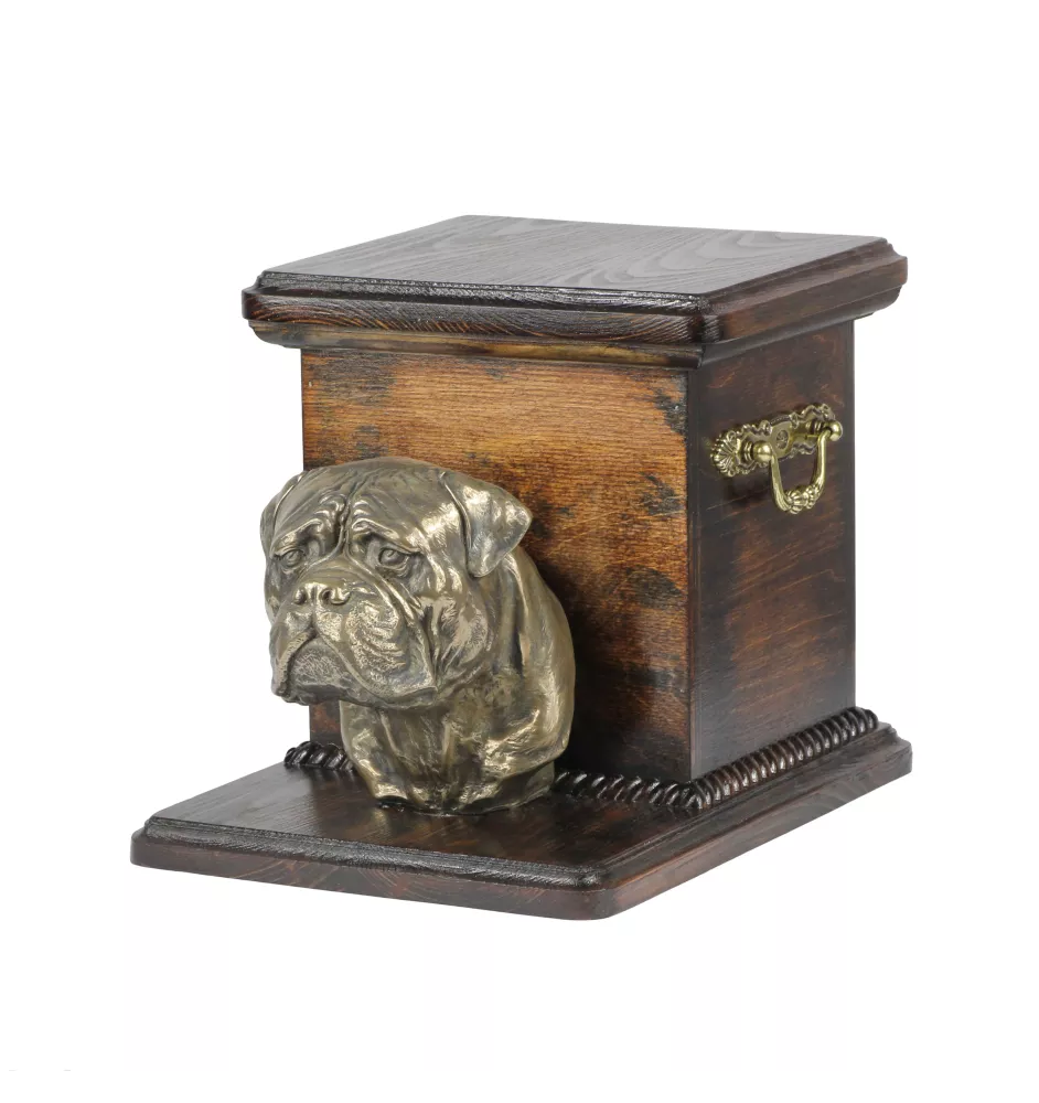 Bullmastiff - Eine Urne für die Asche eines Hundes mit einer Statuette, eine elegante Urne für einen Hund, eine außergewöhnliche Urne mit dem Porträt eines Hundes von der Marke Art-Dog.