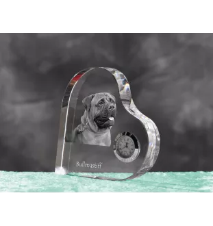 Bullmastiff - crystal clock with a dog picture, heart-shaped shelf clock, personalized standing clock by Art-Dog brand
