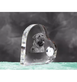 Bullmastiff - crystal clock with a dog picture, heart-shaped shelf clock, personalized standing clock by Art-Dog brand