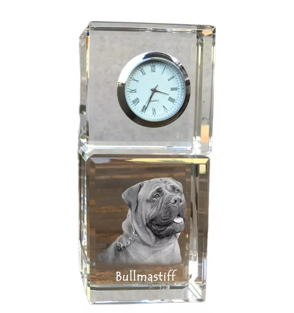 Bullmastiff - montre en cristal avec photo, photo de chien dans un cristal, horloge de bureau personnalisée de la marque Art-Dog