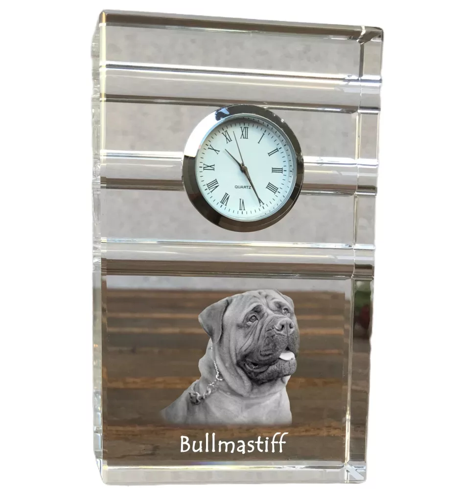 Bullmastiff - une horloge en verre avec une photo, une photo de chien dans un cristal, une horloge de bureau personnalisée de la marque Art-Dog
