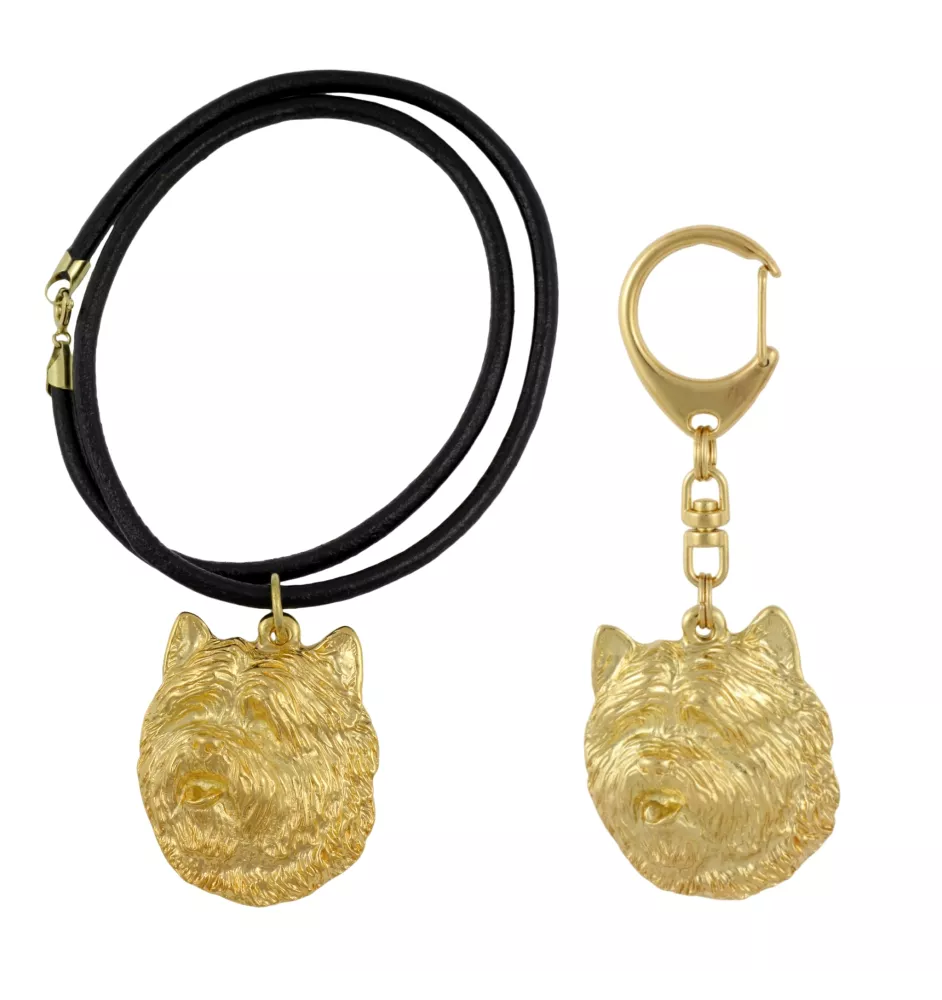 Cairn Terrier - porte-clés et collier avec chien dans une boîte, produit plaqué or de haute qualité, marque Art-Dog
