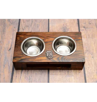 Cairn Terrier II - wooden stand with bowls for a dog, steel dog bowls, a gift for adopting a dog from the Art-Dog brand