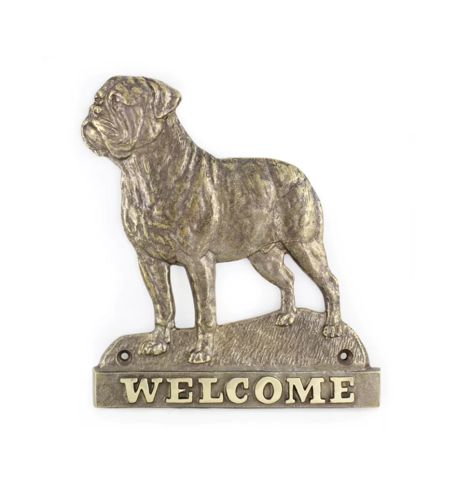 Bullmastiff - une plaque de porte avec un chien, une plaque de bienvenue en laiton, une enseigne exceptionnelle avec l'inscription Welcome de la marque Art-Dog