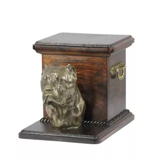 Cane Corso, Italienischer Corso-Hund, Cane di Macellaio - Eine Urne für die Asche eines Hundes mit einer Statuette, eine elegante Urne für einen Hund, eine außergewöhnliche Urne mit dem Porträt eines