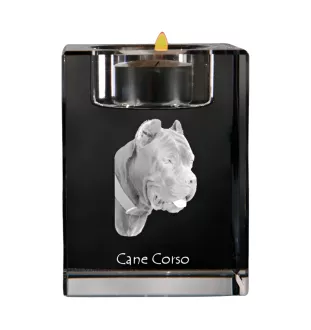 Cane Corso, Italienischer Corso-Hund, Cane di Macellaio - Kerzenhalter mit Hundefoto, Teelichthalter aus Kristall, personalisiertes Geschenk der Marke Art-Dog