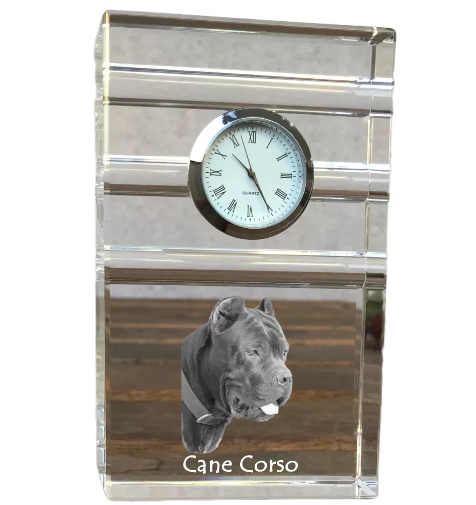 Cane Corso, Chien De Cour Italien - une horloge en verre avec une photo, une photo de chien dans un cristal, une horloge de bureau personnalisée de la marque Art-Dog