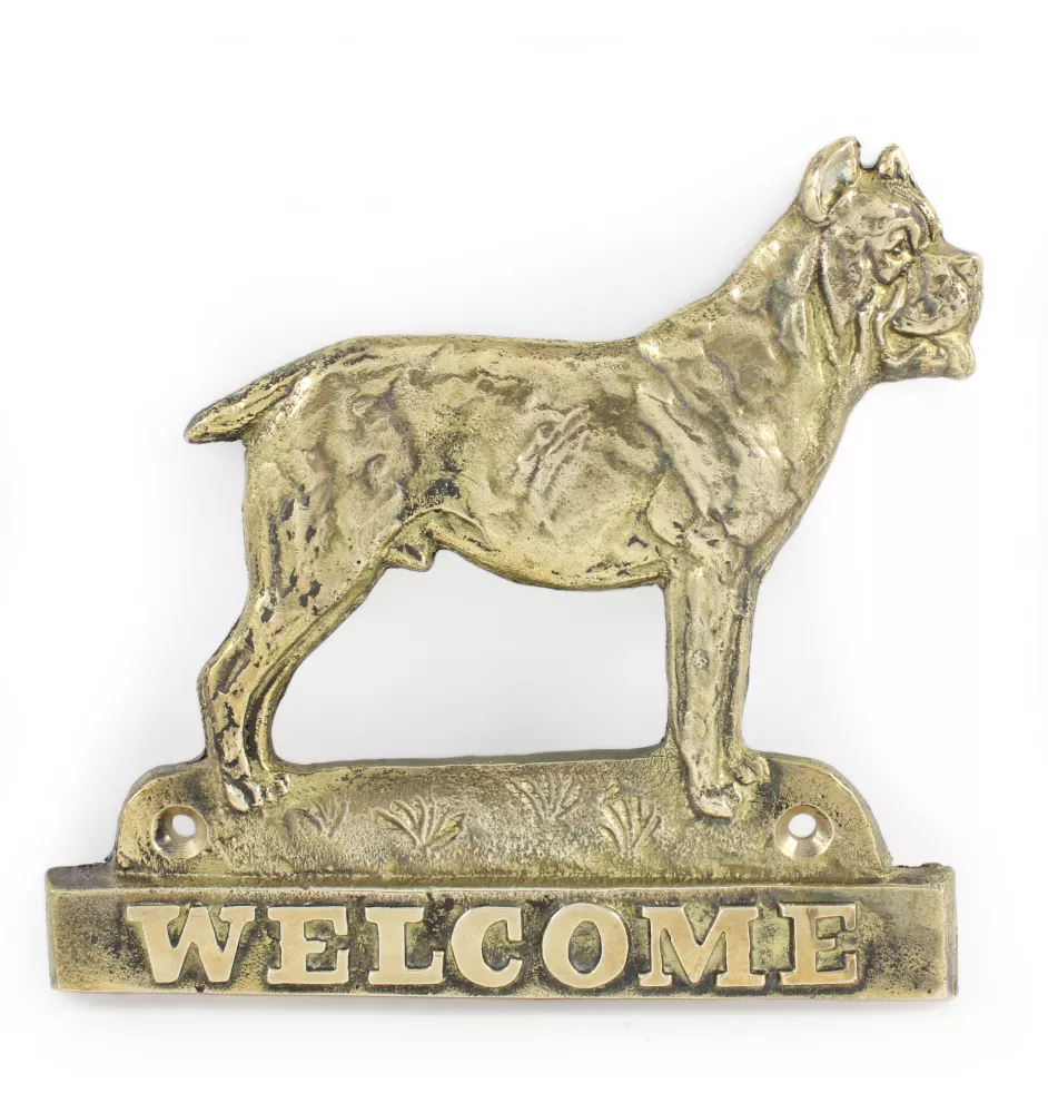 Cane Corso, Chien De Cour Italien - une plaque de porte avec un chien, une plaque de bienvenue en laiton, une enseigne exceptionnelle avec l'inscription Welcome de la marque Art-Dog