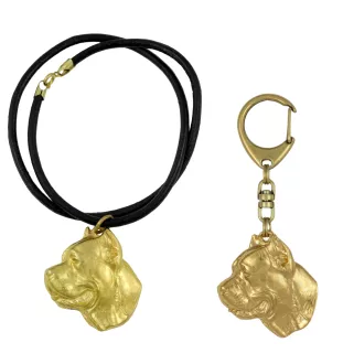 Cane Corso, Chien De Cour Italien - porte-clés et collier avec chien dans une boîte, produit plaqué or de haute qualité, marque Art-Dog