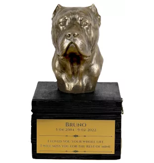 Cane Corso, Italienischer Corso-Hund, Cane di Macellaio - eine Urne mit Gravur und Hundeskulptur, letzter Abschied, handgefertigtes Produkt der Marke Art-Dog
