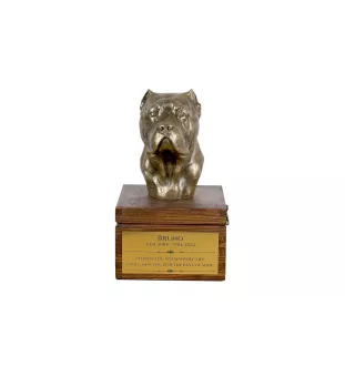 Cane Corso, Italienischer Corso-Hund, Cane di Macellaio - Eine Ascheurne für Hunde mit einer Statuette, eine kleine Urne für Hunde, eine personalisierte Urne mit dem Porträt eines Hundes von der Marke