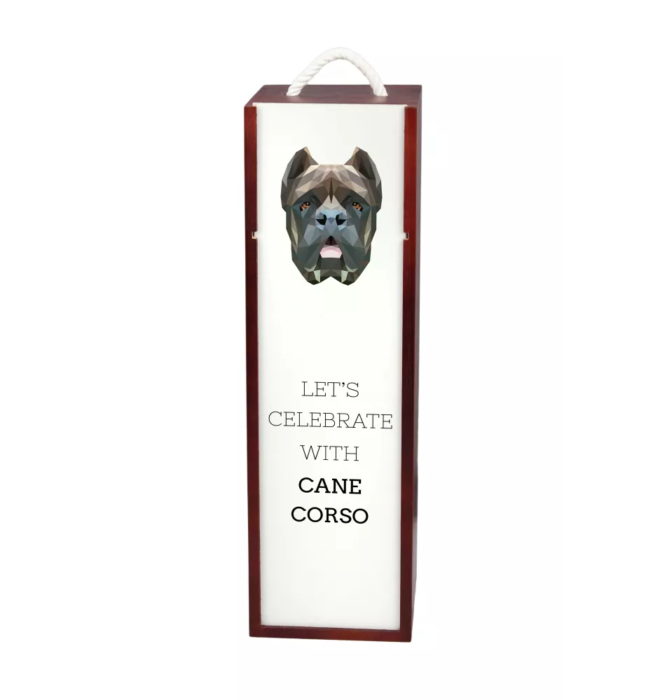 Cane Corso, Italienischer Corso-Hund, Cane di Macellaio - geometrische Box mit einem Bild und Schriftzug für Wein der Marke Art-Dog