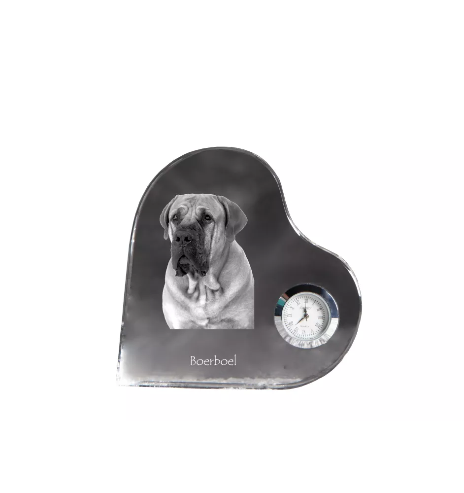 Boerboel, South African Mastiff - crystal clock with a dog picture, heart-shaped shelf clock, personalized standing clock by Art-Dog brand