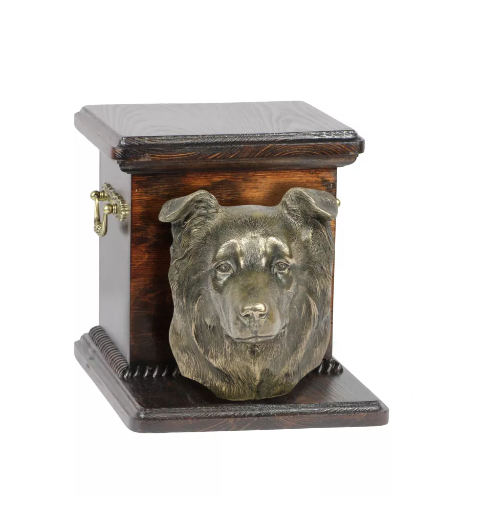Border Collie - Eine Urne für die Asche eines Hundes mit einer Statuette, eine elegante Urne für einen Hund, eine außergewöhnliche Urne mit dem Porträt eines Hundes von der Marke Art-Dog.