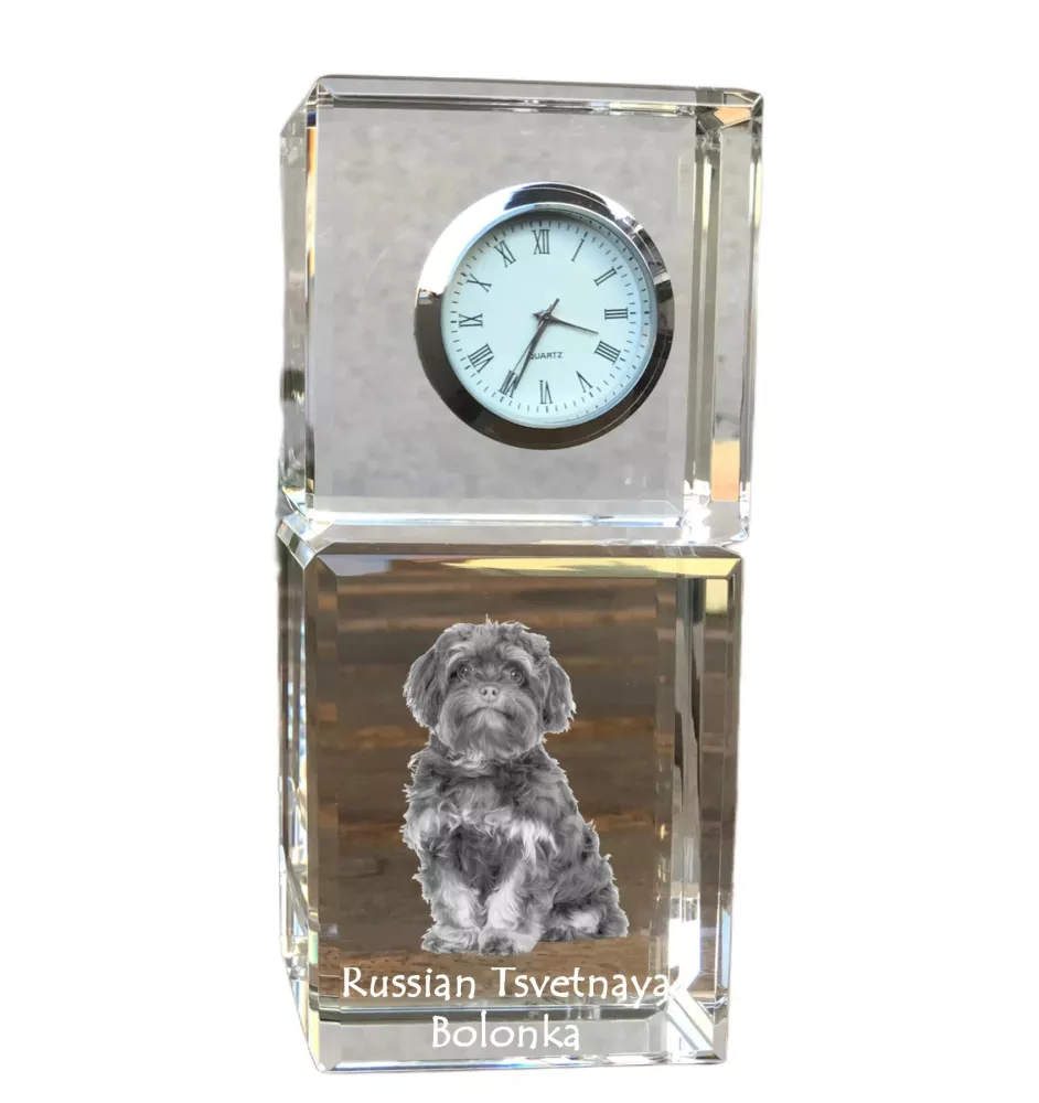 Bolonka, Russian Tsvetnaya Bolonka - crystal clock with a photo, a photo of a dog in crystal, personalized desk clock by Art-Dog brand