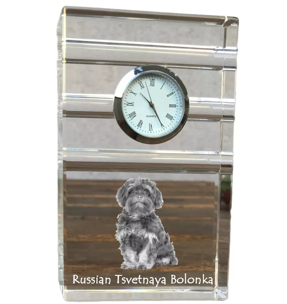 Bolonka, Russian Tsvetnaya Bolonka - glass clock with a photo, photo of a dog in crystal, personalized standing office clock by Art-Dog brand
