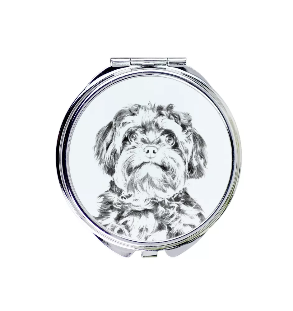 Bolonka, Russian Tsvetnaya Bolonka - Pocket mirror with a dog, personalized mirror for a purse, compact mirror with Art-Dog brand print.