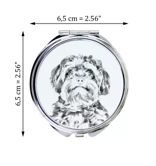 Bolonka, Russian Tsvetnaya Bolonka - Pocket mirror with a dog, personalized mirror for a purse, compact mirror with Art-Dog brand print.