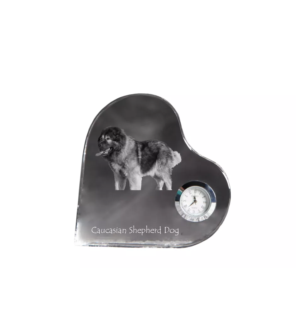 Caucasian Shepherd Dog, Caucasian Ovcharka - crystal clock with a dog picture, heart-shaped shelf clock, personalized standing clock by Art-Dog brand